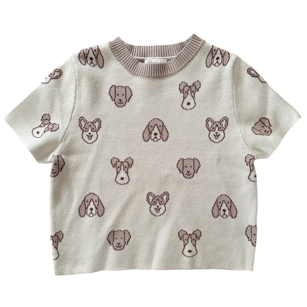 Debut Women’s Knit Short Sleeve Shirt Dogs Corgi Schnauzer Tan Size S